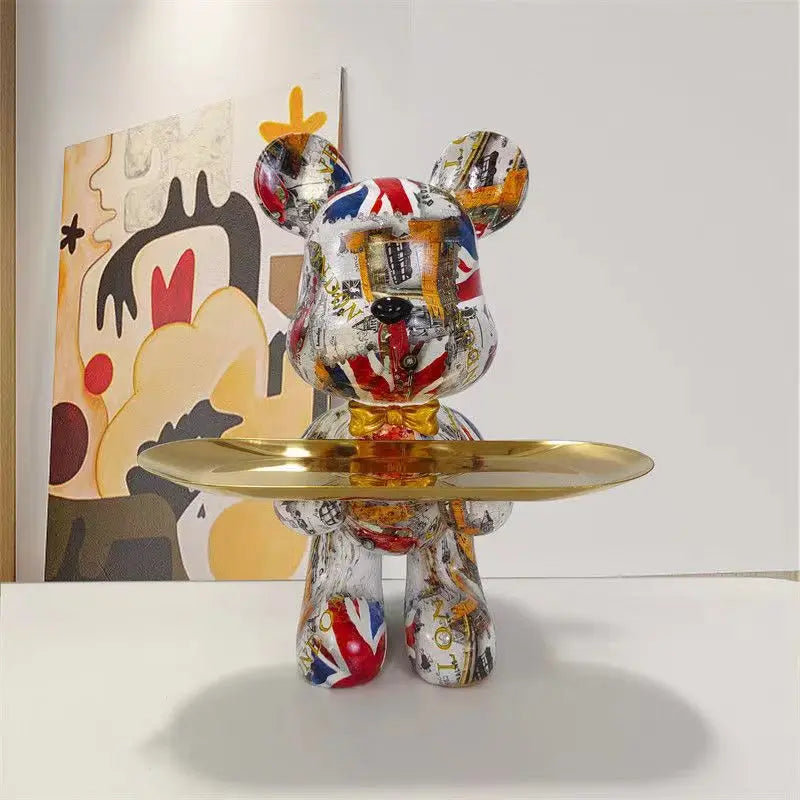 UrbanCub | Graffiti Bear Standbeeld met Dienblad - Kleurrijk Hars Decoratief Beeldje, Stedelijk Straatkunstdecor