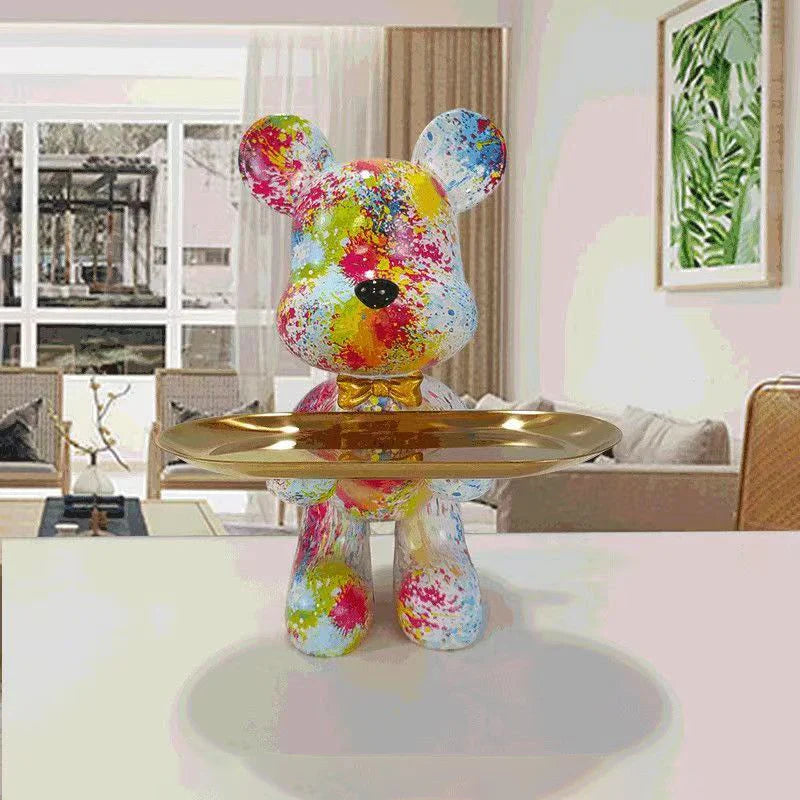UrbanCub | Graffiti Bear Standbeeld met Dienblad - Kleurrijk Hars Decoratief Beeldje, Stedelijk Straatkunstdecor