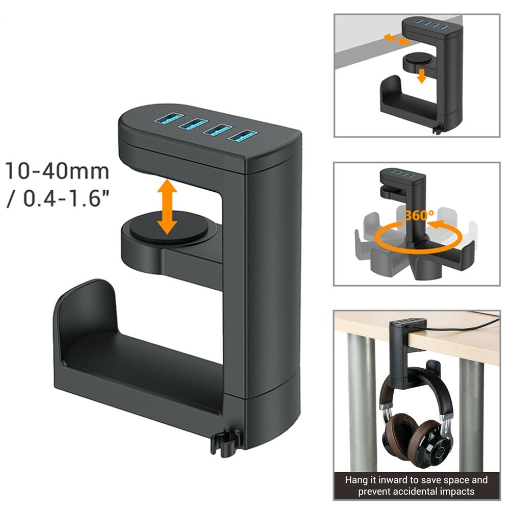 HeadHub | cUSB-hub en headsetrek voor onder het bureau – 4 poorten USB 3.0/2.0, plug-and-play, compacte bureau-organizer voor de werkplek