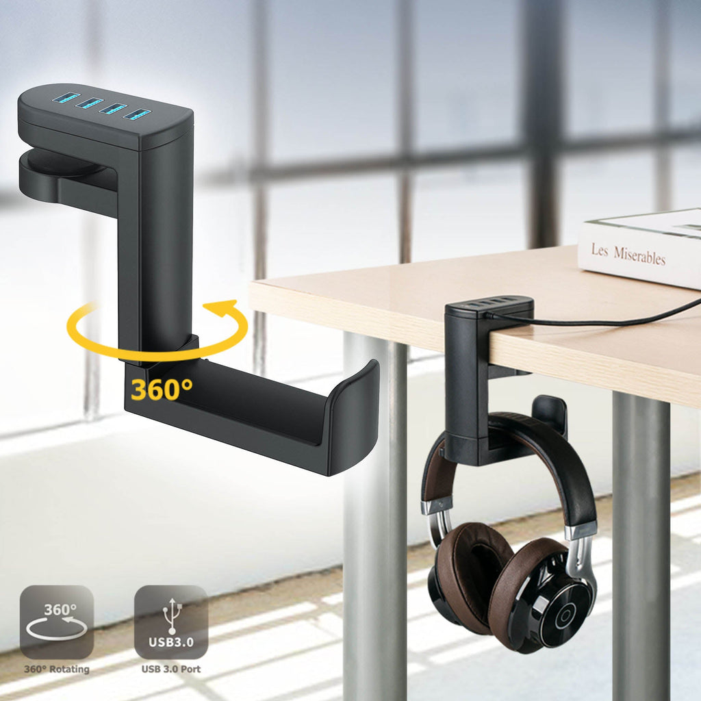 HeadHub | cUSB-hub en headsetrek voor onder het bureau – 4 poorten USB 3.0/2.0, plug-and-play, compacte bureau-organizer voor de werkplek