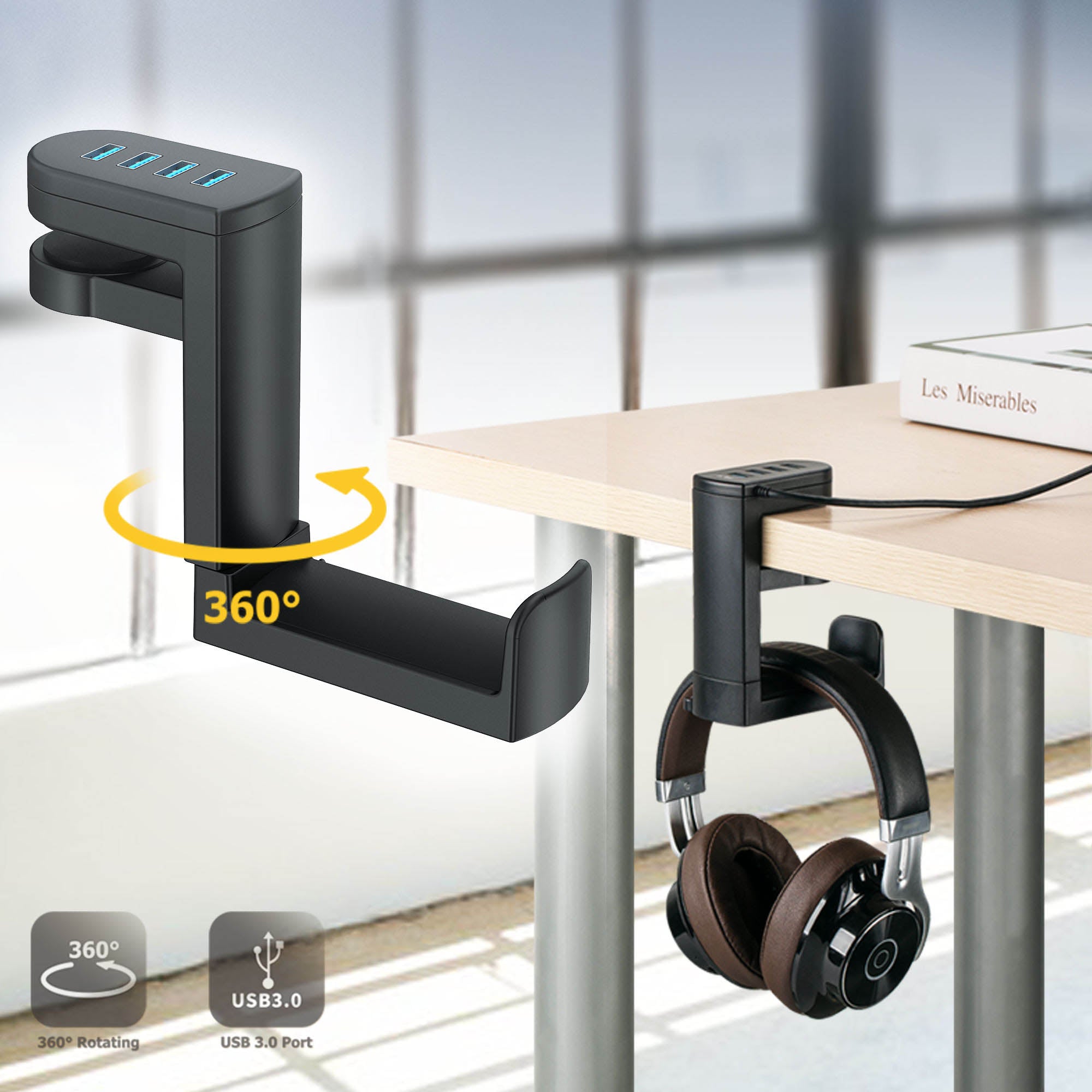 HeadHub | cUSB-hub en headsetrek voor onder het bureau – 4 poorten USB 3.0/2.0, plug-and-play, compacte bureau-organizer voor de werkplek