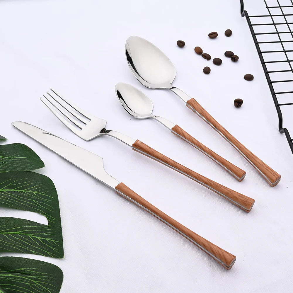 OakSteel | Rustieke bestekset - Roestvrij stalen bestek met houten handgrepen, Vintage bestek