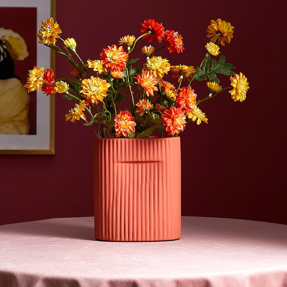 NordicLoom | Elegante Keramik Blumenvase mit Streifenmuster - Moderne Wohndekoration