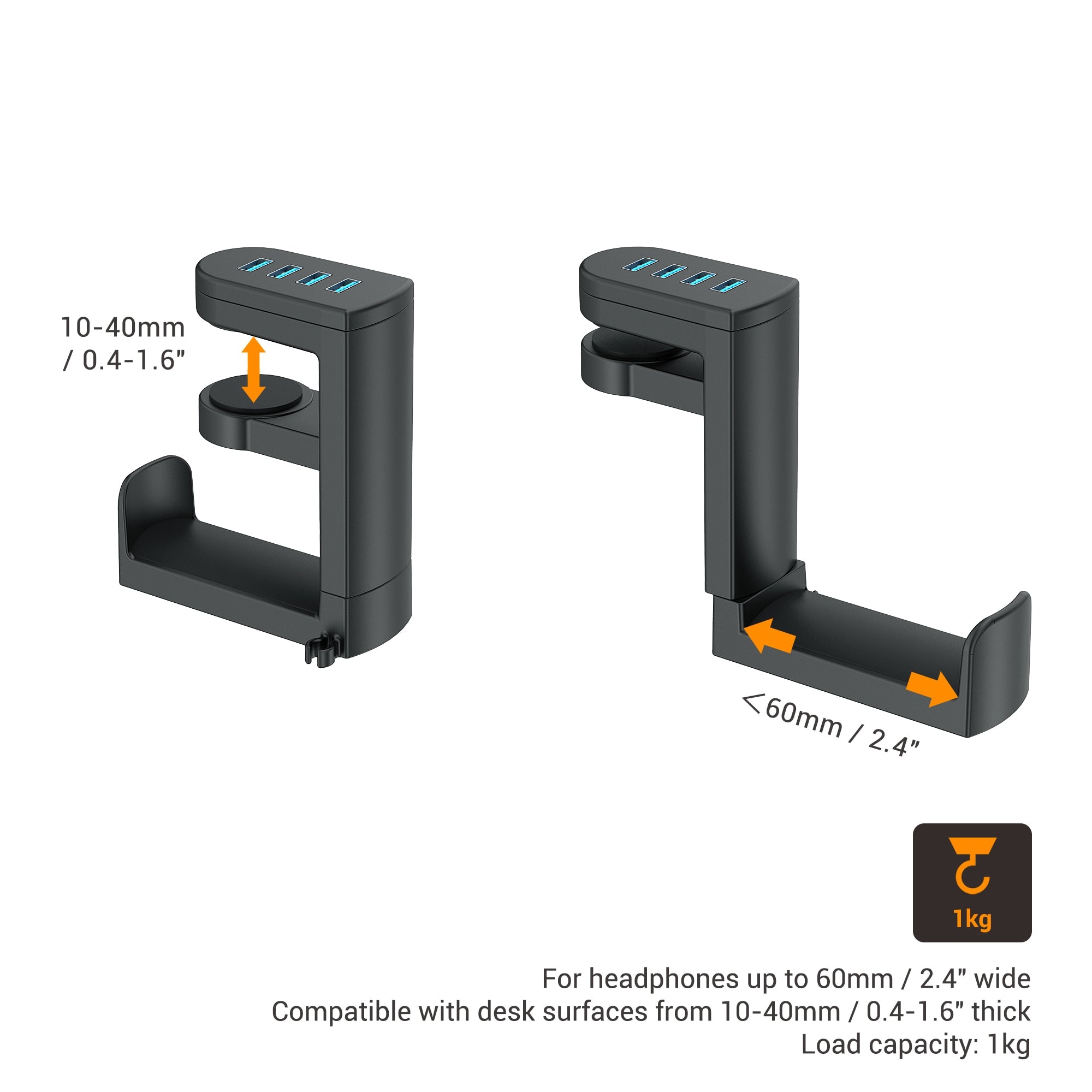 HeadHub | cUSB-hub en headsetrek voor onder het bureau – 4 poorten USB 3.0/2.0, plug-and-play, compacte bureau-organizer voor de werkplek