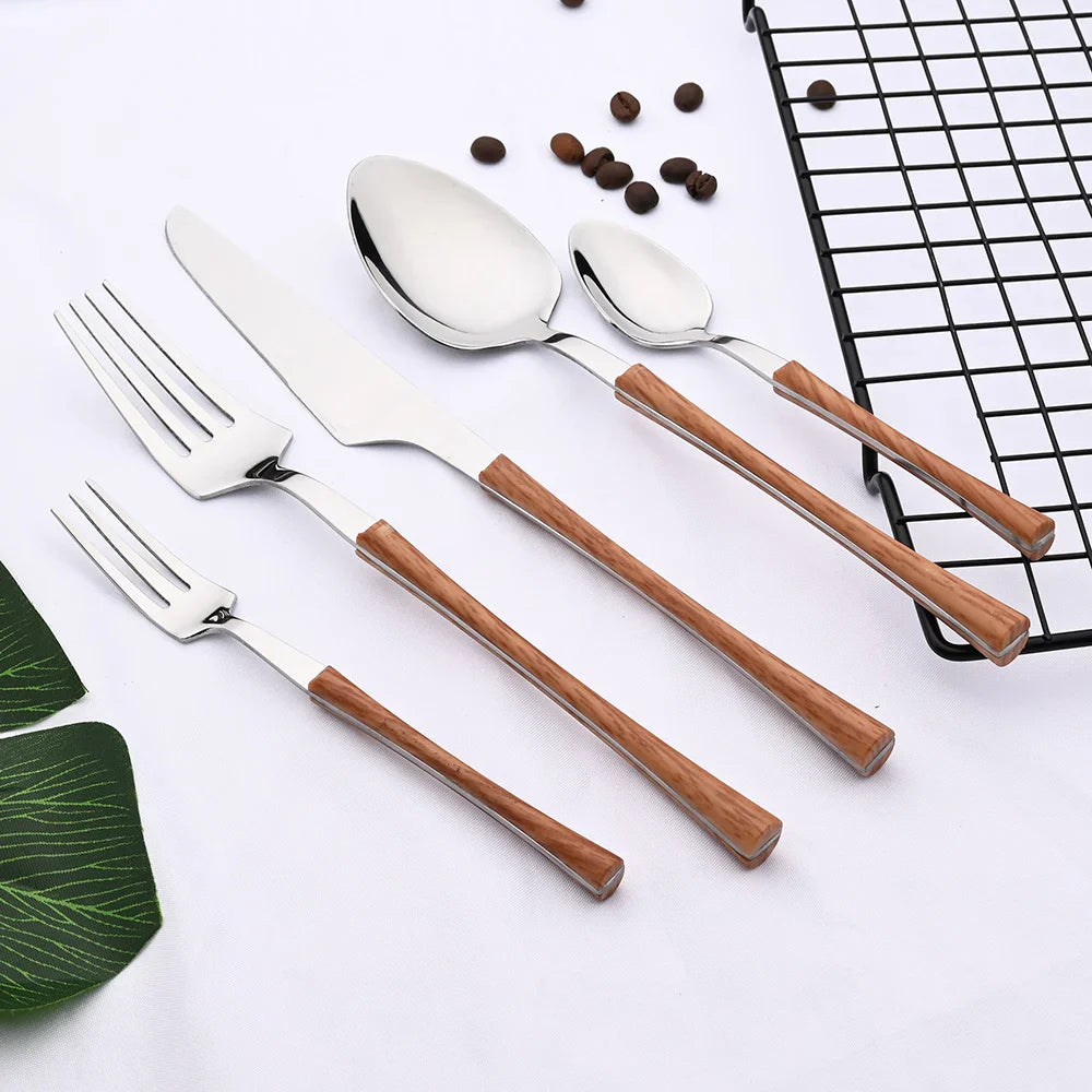 OakSteel | Rustieke bestekset - Roestvrij stalen bestek met houten handgrepen, Vintage bestek