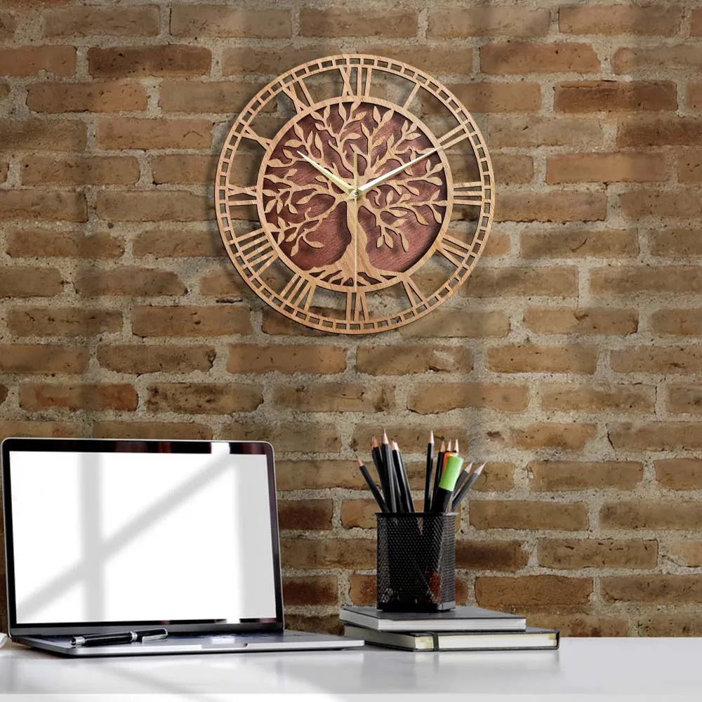 TreeLore | Ancient Roots Houten Wandklok - Op de natuur geïnspireerd levensboom ontwerp, milieuvriendelijk houten decor