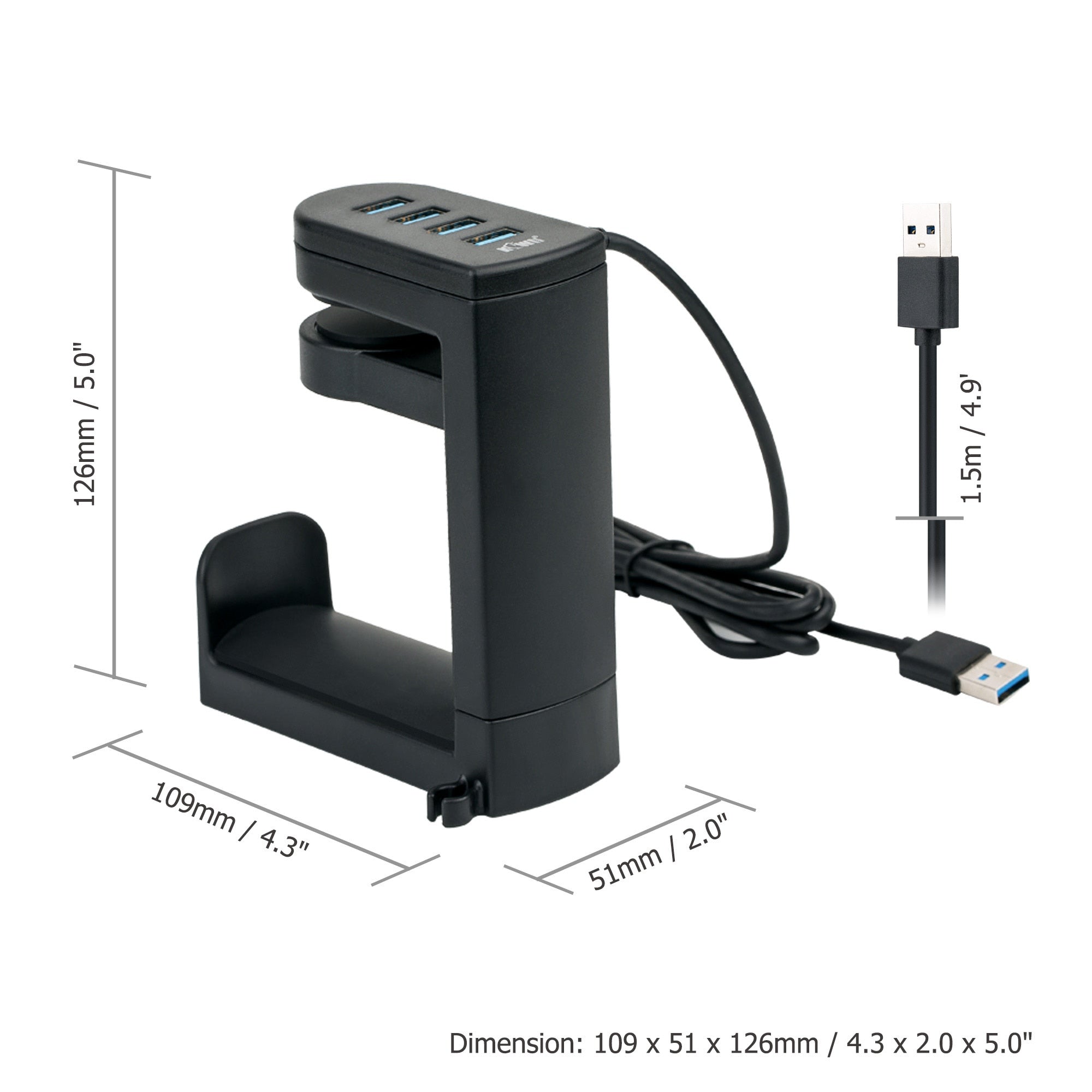 HeadHub | cUSB-hub en headsetrek voor onder het bureau – 4 poorten USB 3.0/2.0, plug-and-play, compacte bureau-organizer voor de werkplek