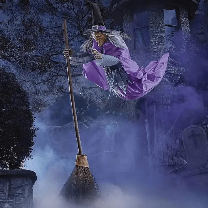 FlightFright | Spookachtige vliegende heks Halloween-decoratie met licht, geluid en beweging voor binnen en buiten