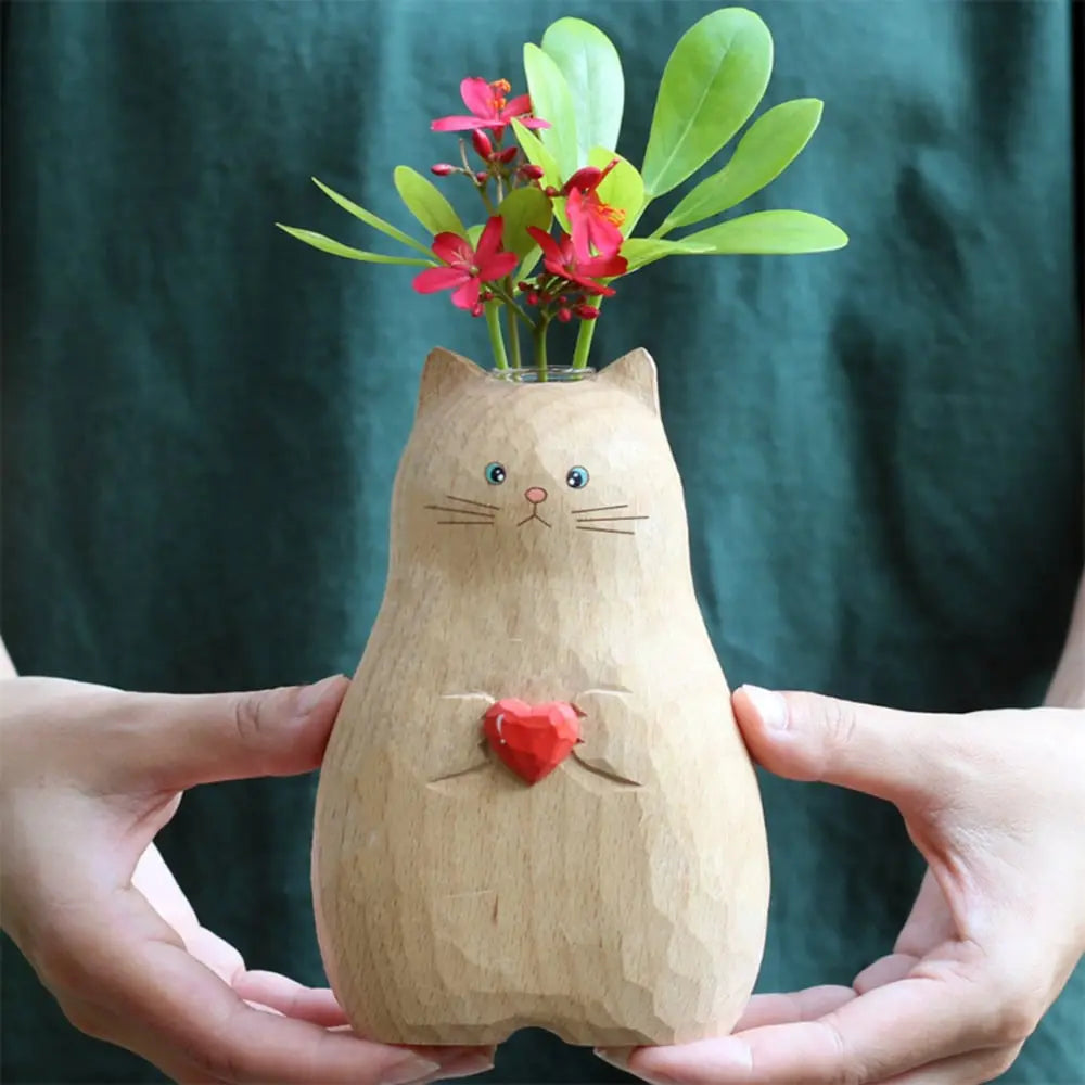 VasePurr | Handgemaakte Houten Kattenvaas - Scandinavische Minimalistische Woondecoratie