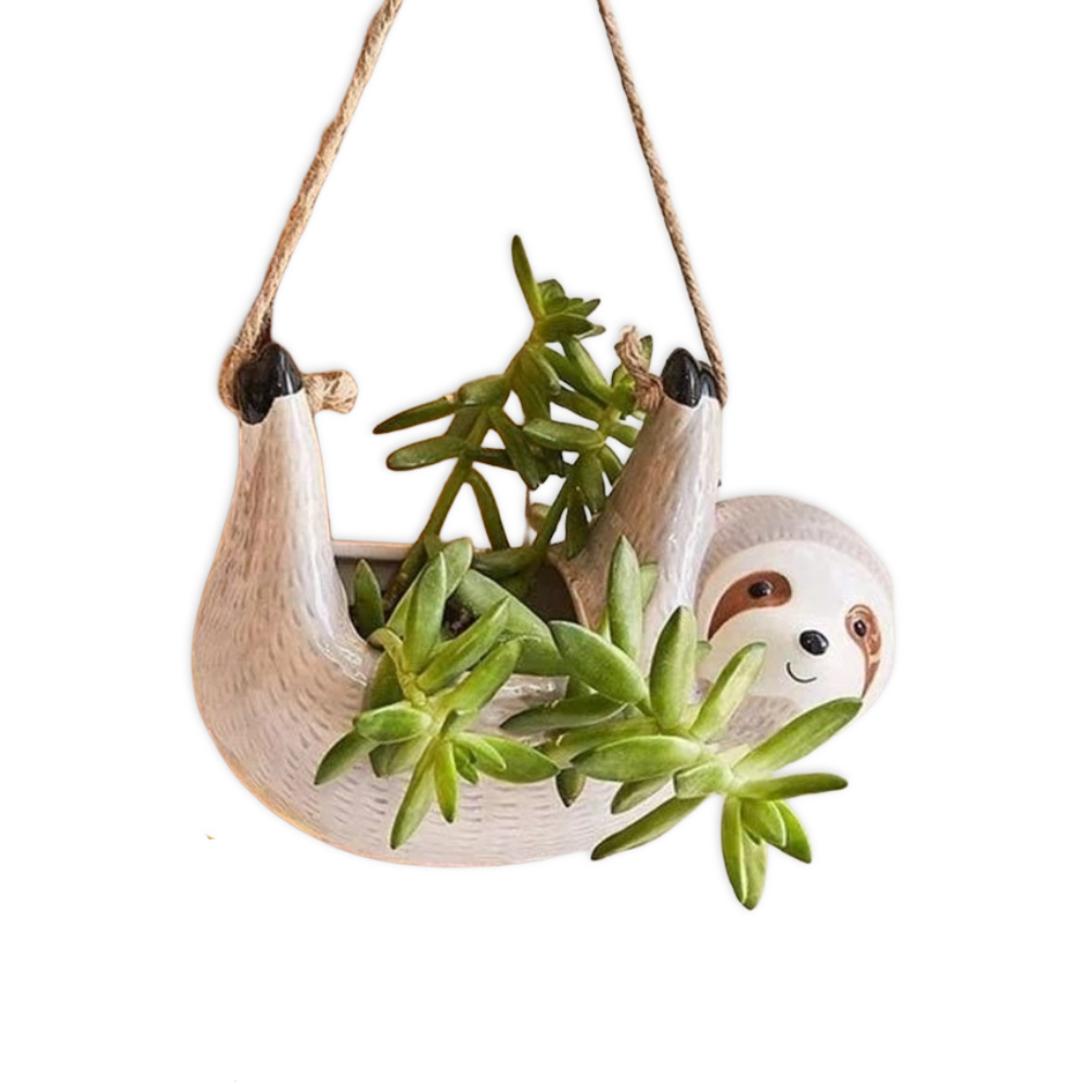 SlumberSprout | Handgemaakte keramische bloempot – schattig luiaardontwerp, hangende plantendecoratie