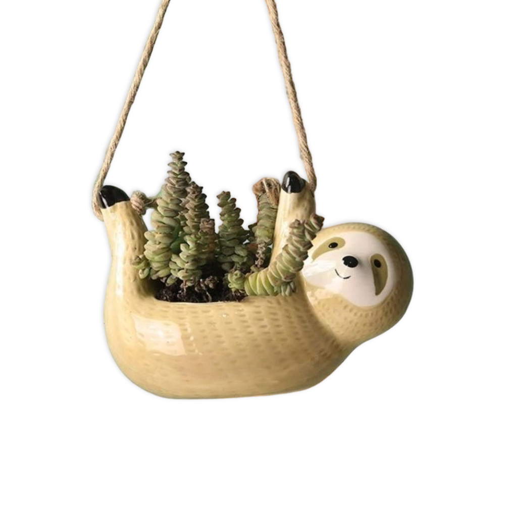 SlumberSprout | Handgemaakte keramische bloempot – schattig luiaardontwerp, hangende plantendecoratie