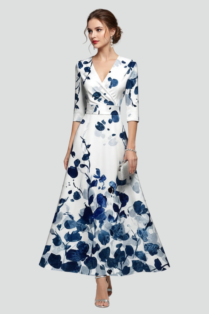 Jina | Dames Maxi Jurk met Bloemenprint – Getailleerde Taille, Midi Mouwen