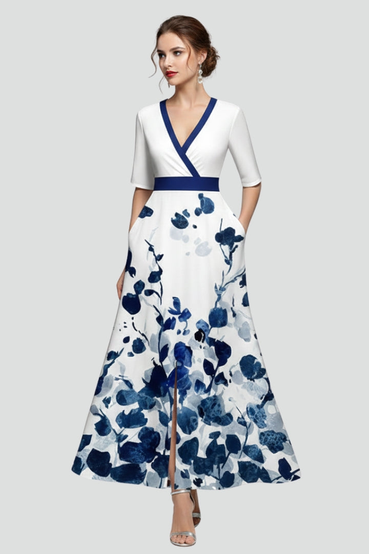 Jina | Dames Maxi Jurk met Bloemenprint – Getailleerde Taille, Midi Mouwen