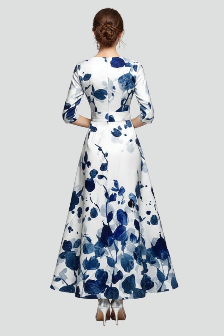 Jina | Dames Maxi Jurk met Bloemenprint – Getailleerde Taille, Midi Mouwen