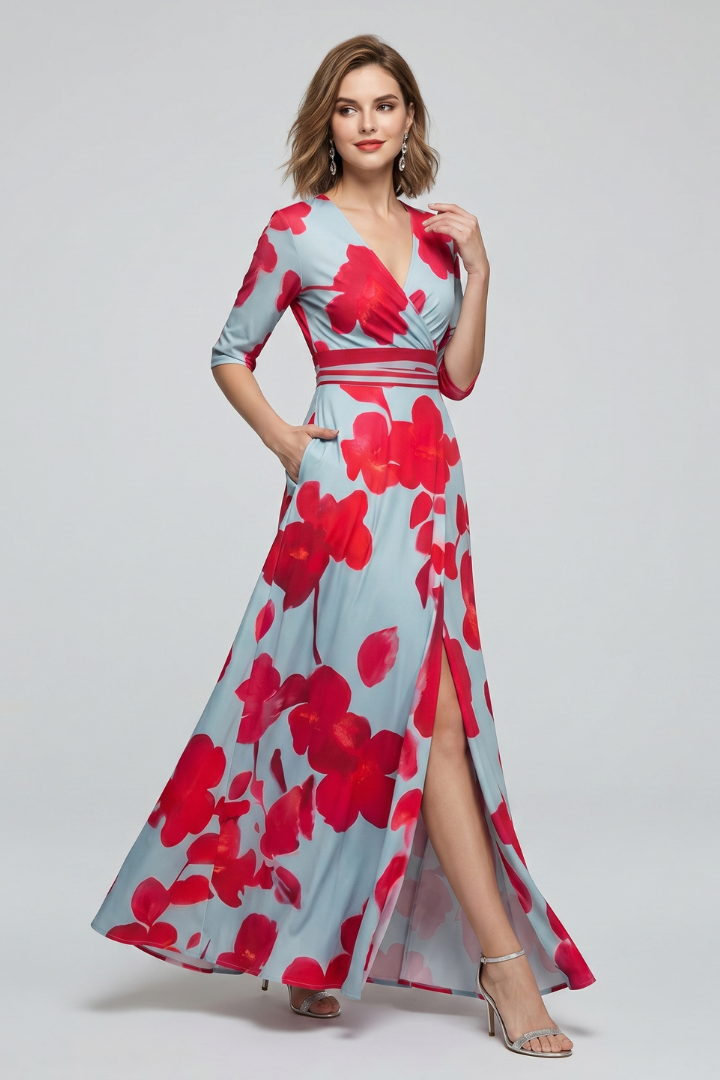 Jina | Dames Maxi Jurk met Bloemenprint – Getailleerde Taille, Midi Mouwen