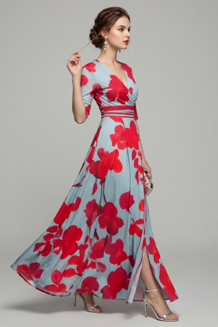 Jina | Dames Maxi Jurk met Bloemenprint – Getailleerde Taille, Midi Mouwen