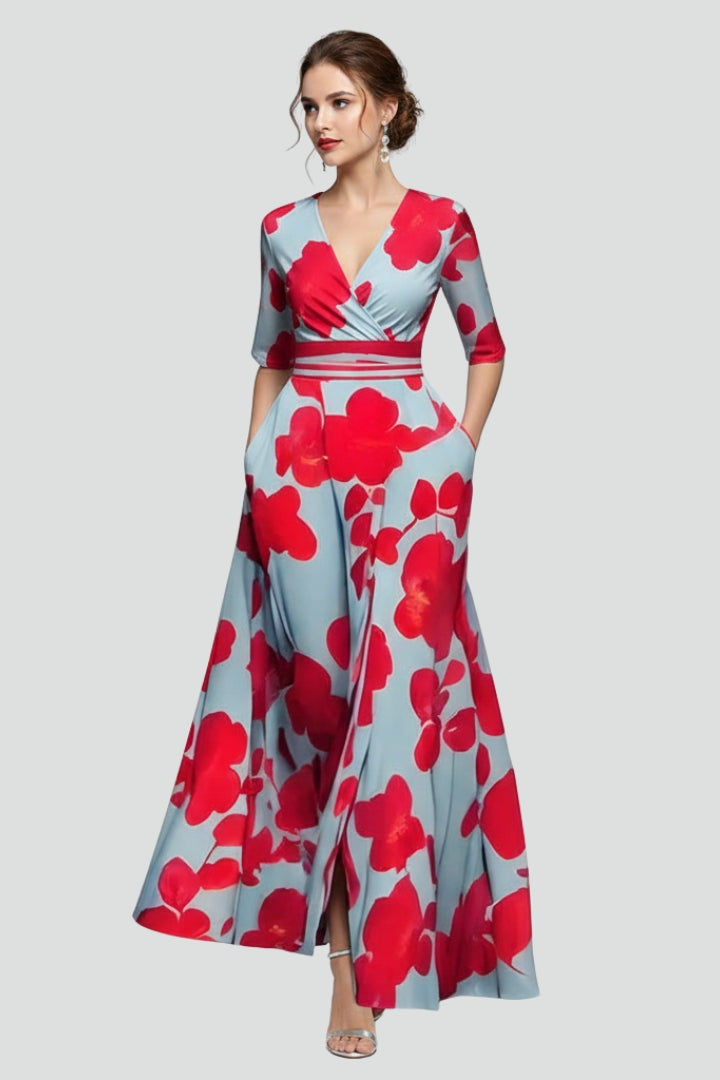 Jina | Dames Maxi Jurk met Bloemenprint – Getailleerde Taille, Midi Mouwen