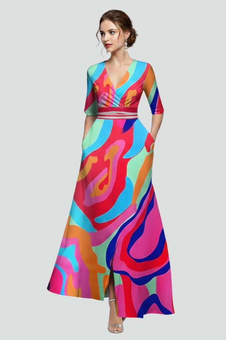 Jina | Dames Maxi Jurk met Bloemenprint – Getailleerde Taille, Midi Mouwen
