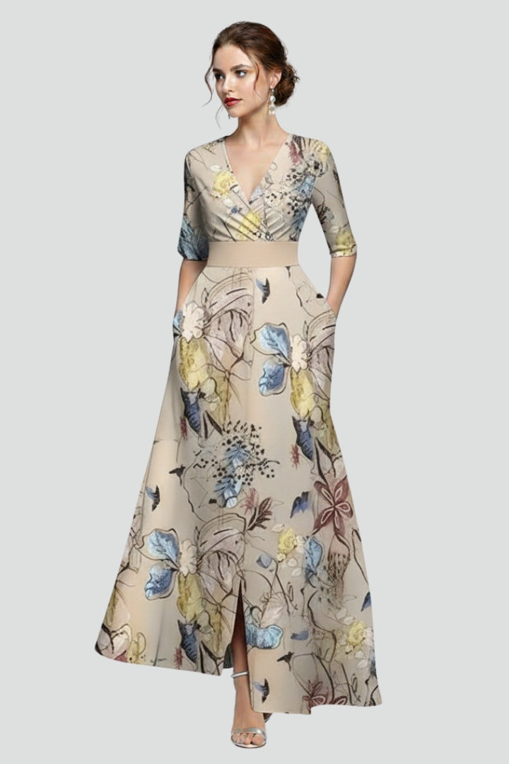 Jina | Dames Maxi Jurk met Bloemenprint – Getailleerde Taille, Midi Mouwen