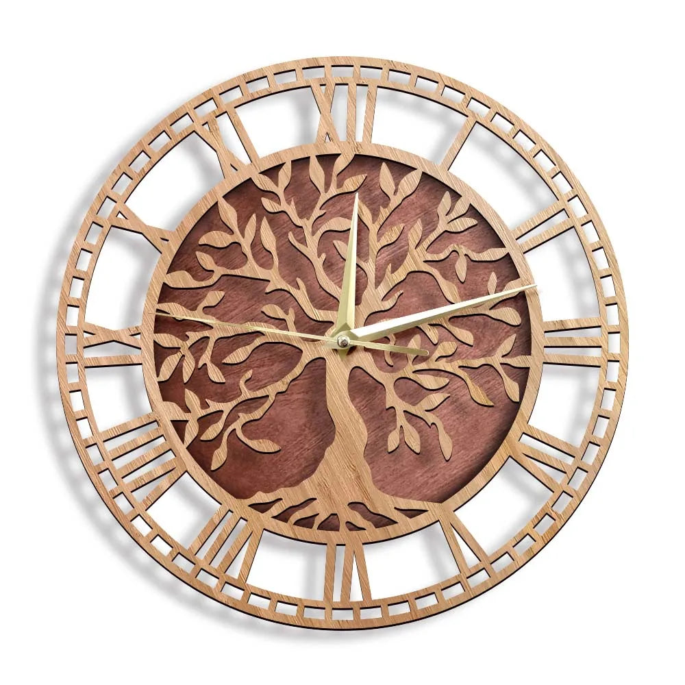 TreeLore | Ancient Roots Houten Wandklok - Op de natuur geïnspireerd levensboom ontwerp, milieuvriendelijk houten decor