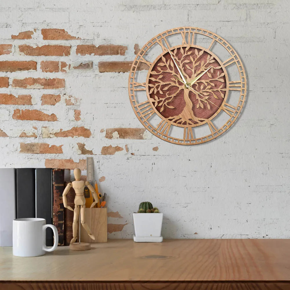 TreeLore | Ancient Roots Houten Wandklok - Op de natuur geïnspireerd levensboom ontwerp, milieuvriendelijk houten decor