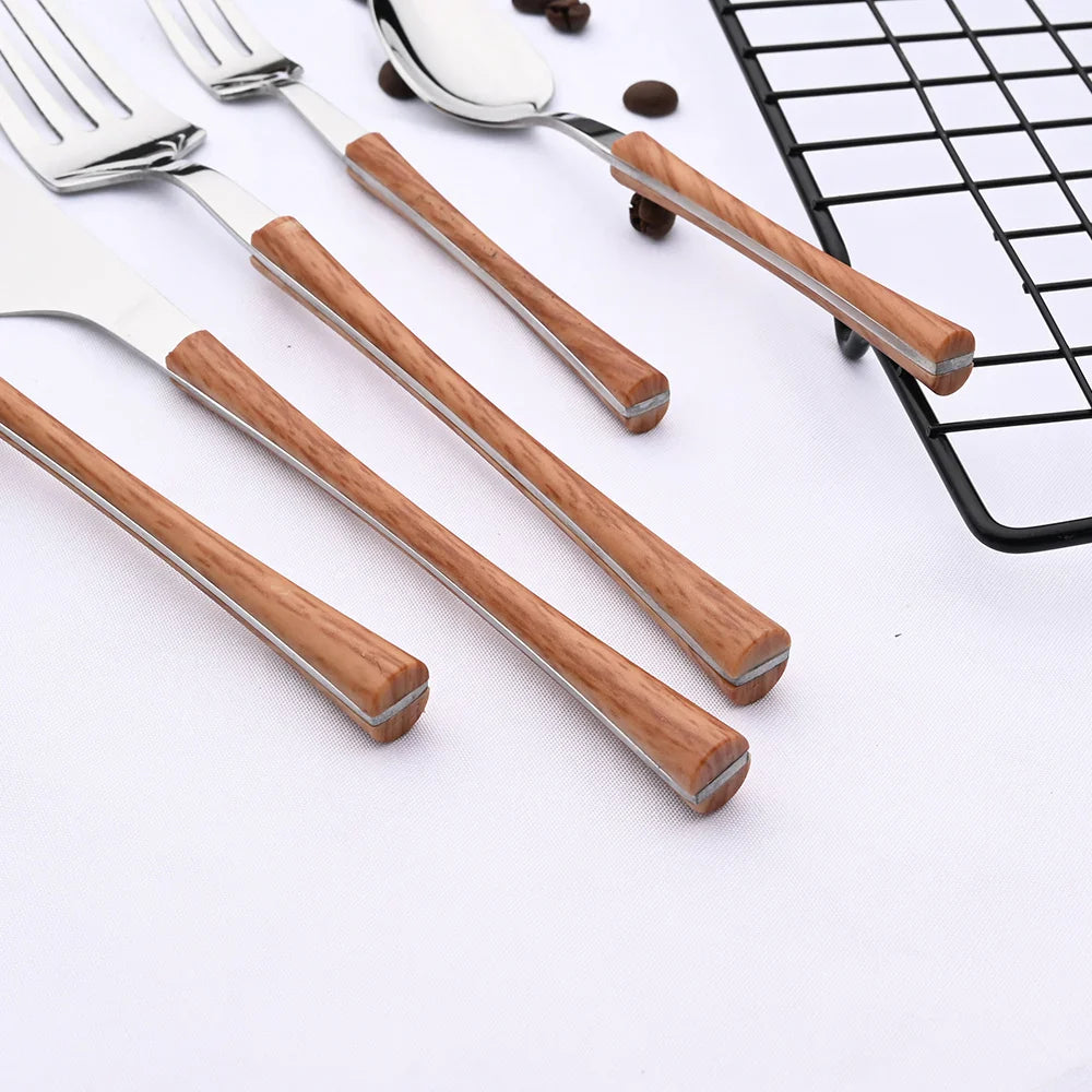 OakSteel | Rustieke bestekset - Roestvrij stalen bestek met houten handgrepen, Vintage bestek