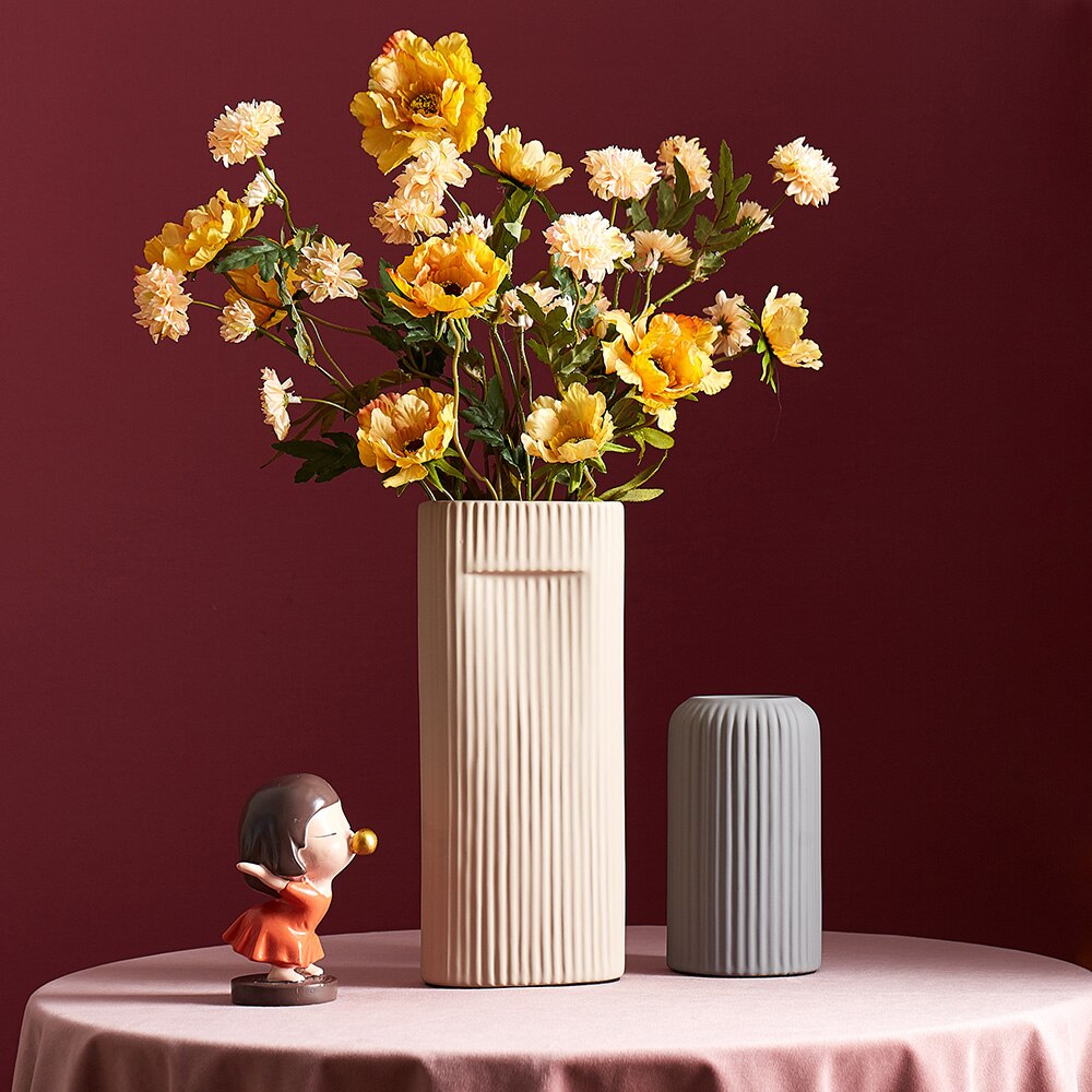 NordicLoom | Elegante Keramik Blumenvase mit Streifenmuster - Moderne Wohndekoration