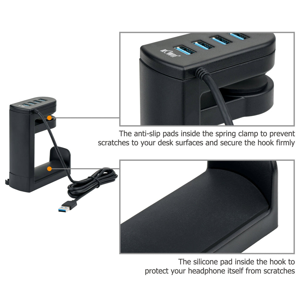 HeadHub | cUSB-hub en headsetrek voor onder het bureau – 4 poorten USB 3.0/2.0, plug-and-play, compacte bureau-organizer voor de werkplek