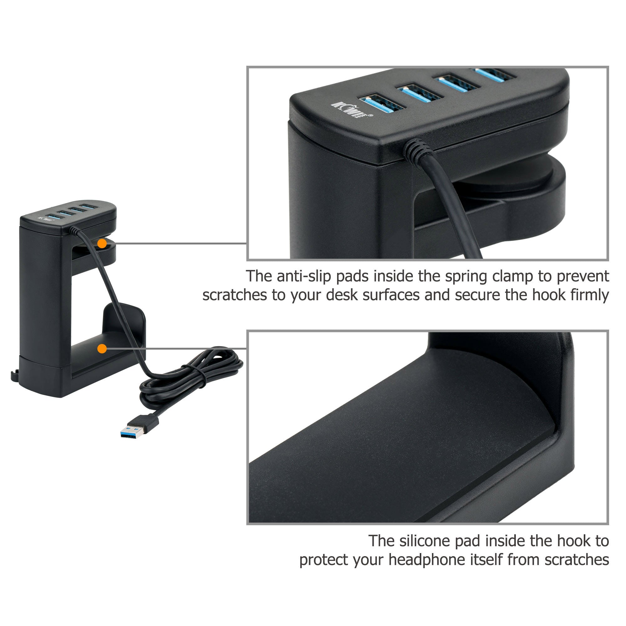 HeadHub | cUSB-hub en headsetrek voor onder het bureau – 4 poorten USB 3.0/2.0, plug-and-play, compacte bureau-organizer voor de werkplek