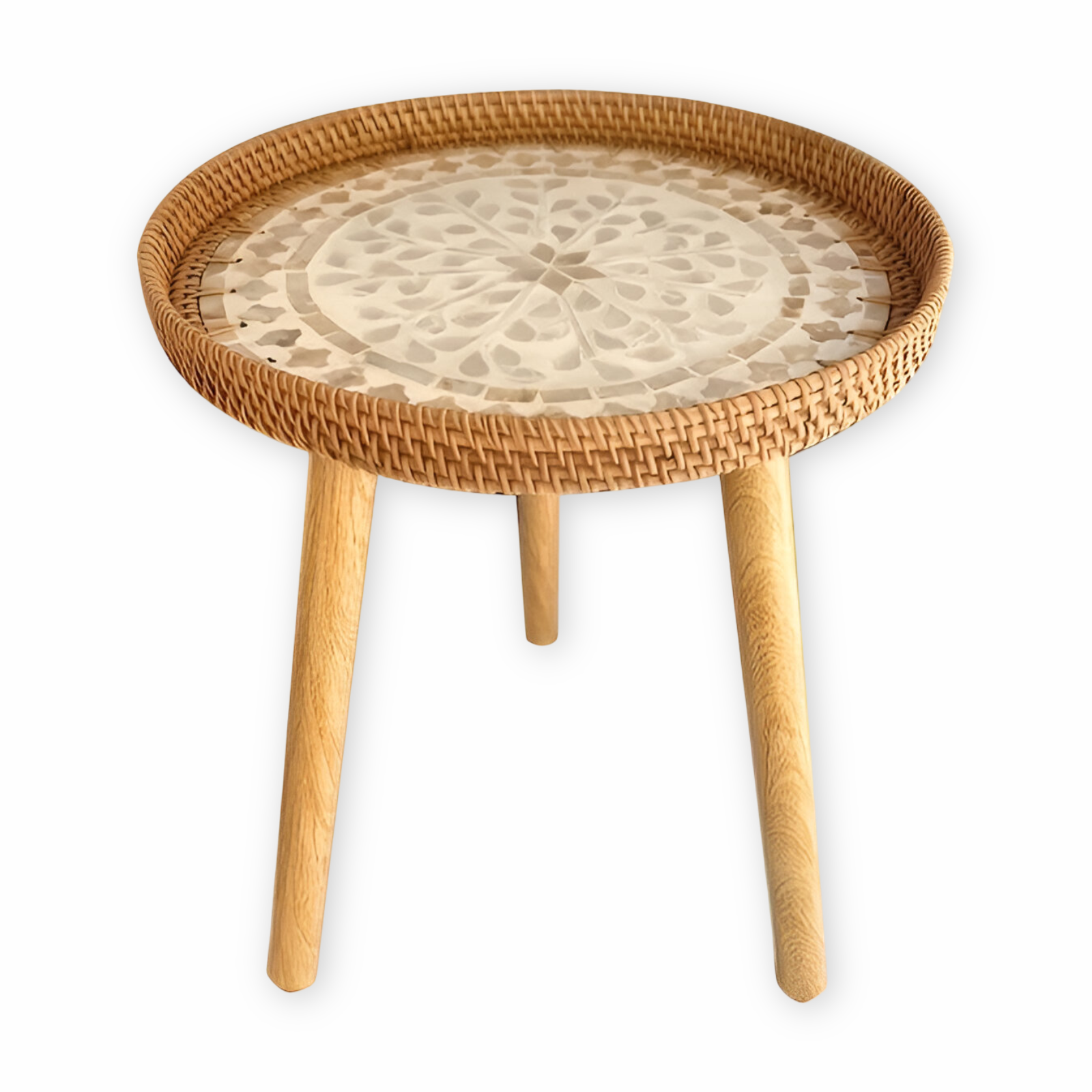 Rattique | Handgemaakte Ronde Rattan Salontafel – Scandinavische Natuurlijke Houten Woonkamertafel