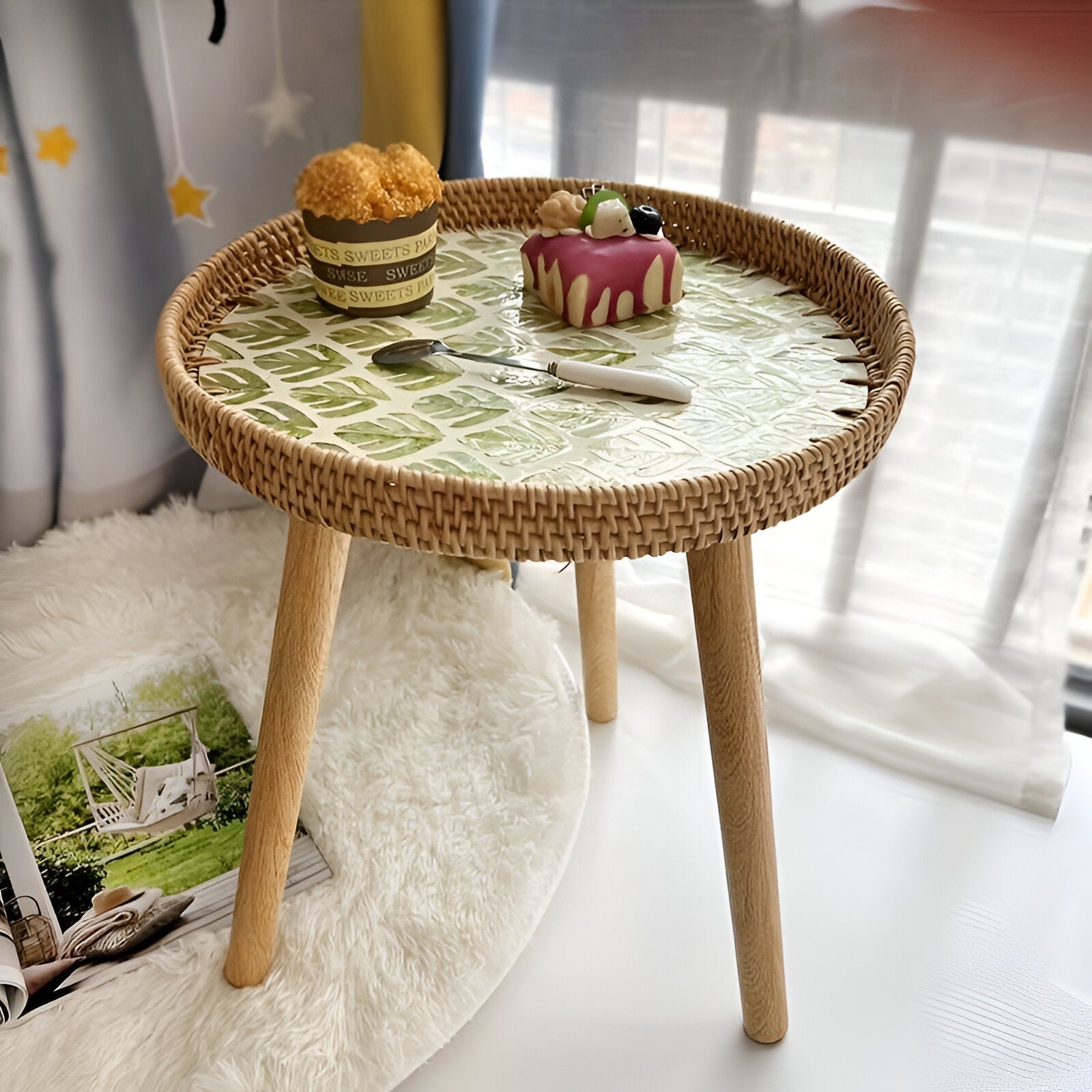 Rattique | Handgemaakte Ronde Rattan Salontafel – Scandinavische Natuurlijke Houten Woonkamertafel