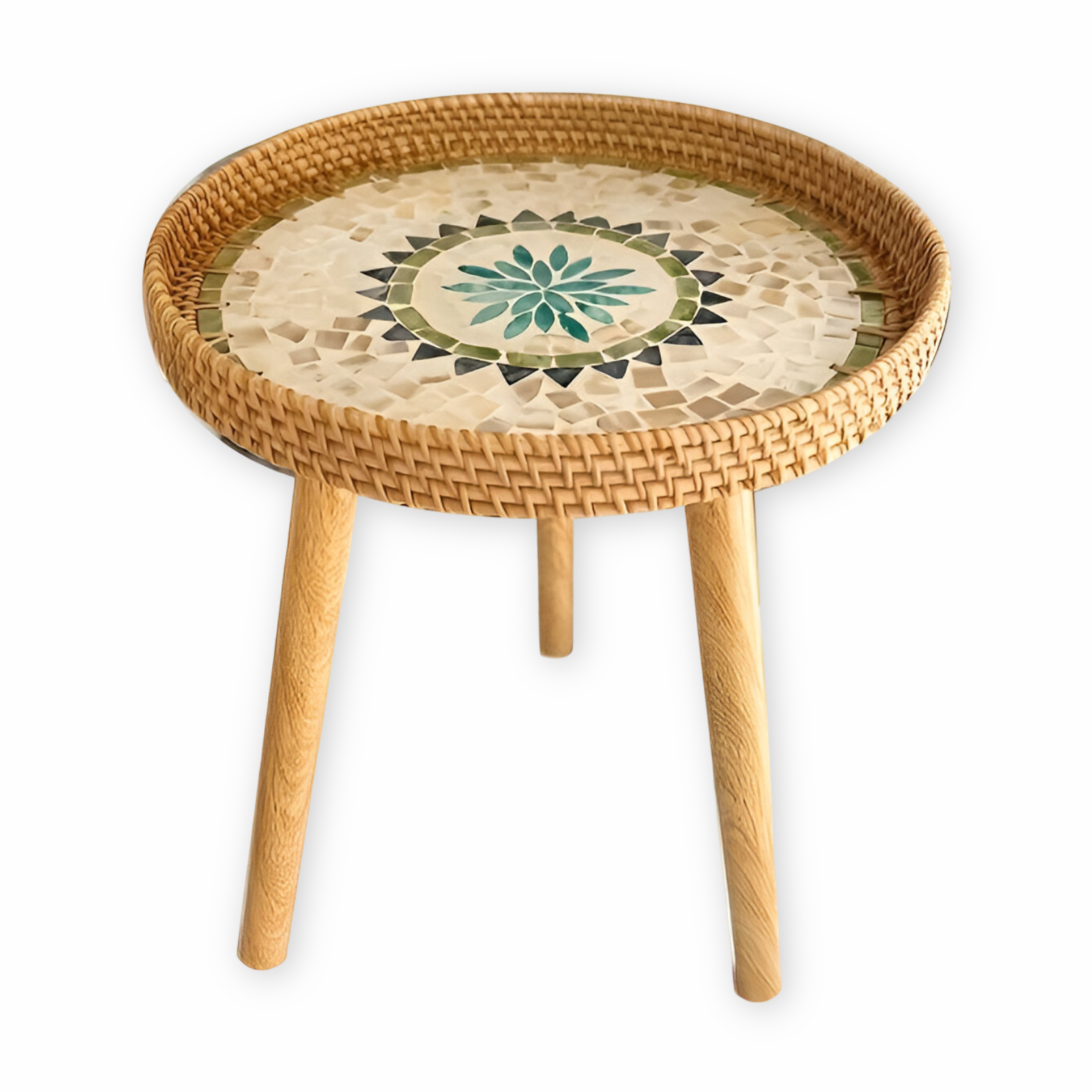 Rattique | Handgemaakte Ronde Rattan Salontafel – Scandinavische Natuurlijke Houten Woonkamertafel