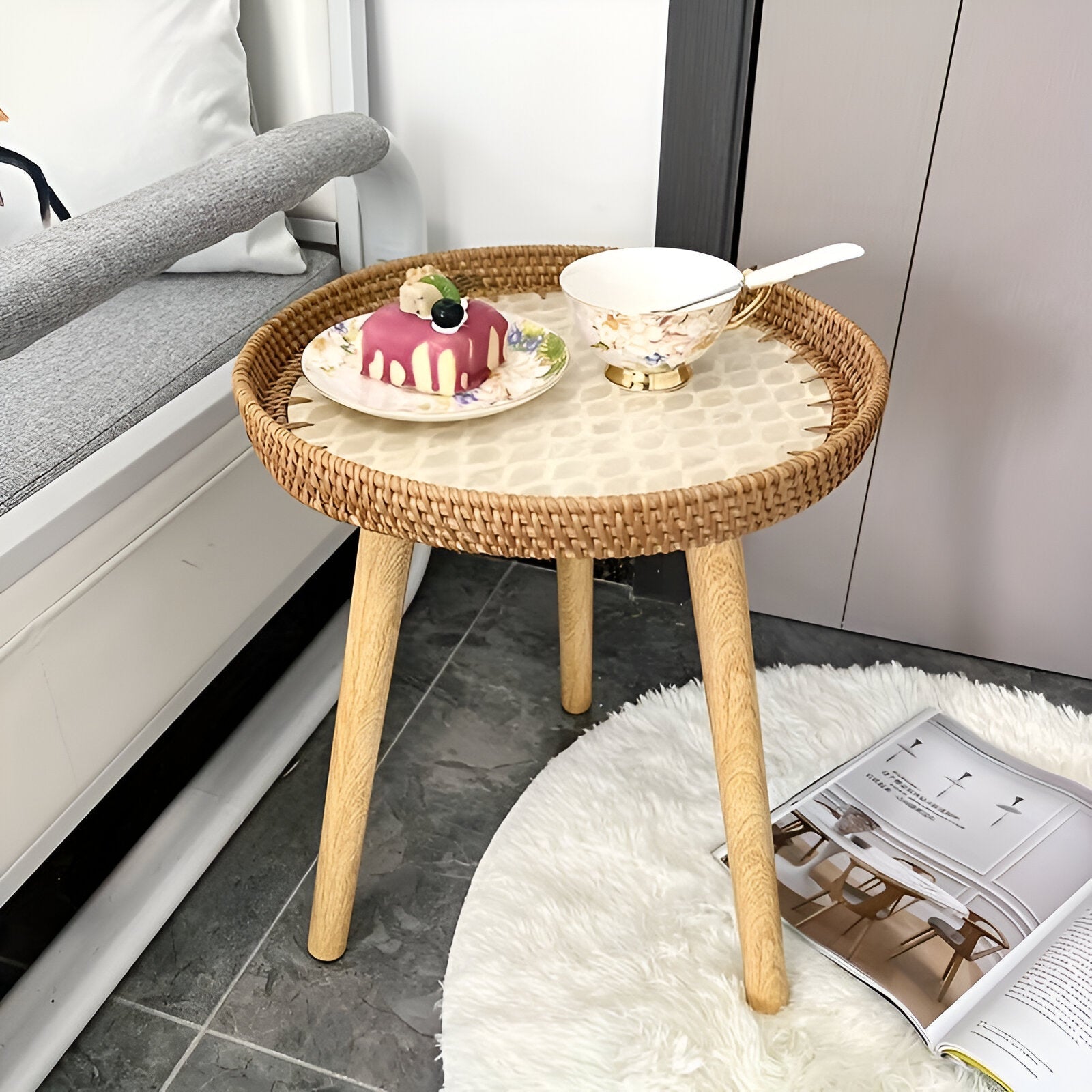 Rattique | Handgemaakte Ronde Rattan Salontafel – Scandinavische Natuurlijke Houten Woonkamertafel