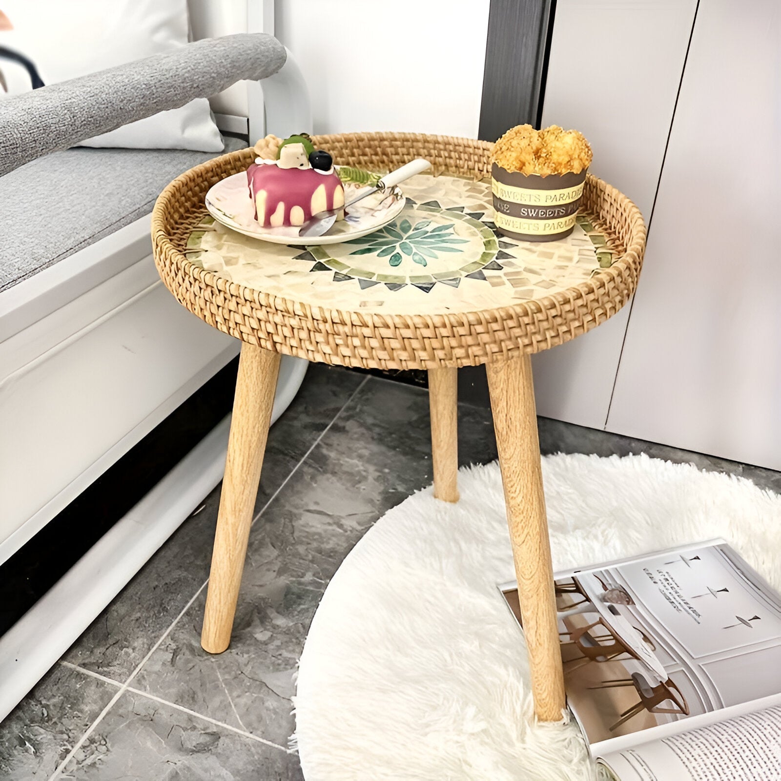 Rattique | Handgemaakte Ronde Rattan Salontafel – Scandinavische Natuurlijke Houten Woonkamertafel
