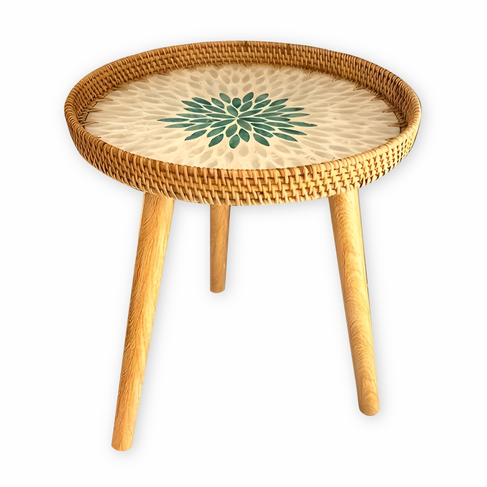 Rattique | Handgemaakte Ronde Rattan Salontafel – Scandinavische Natuurlijke Houten Woonkamertafel
