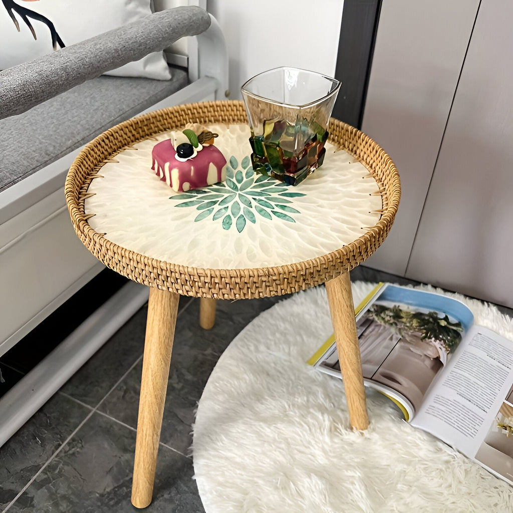 Rattique | Handgemaakte Ronde Rattan Salontafel – Scandinavische Natuurlijke Houten Woonkamertafel