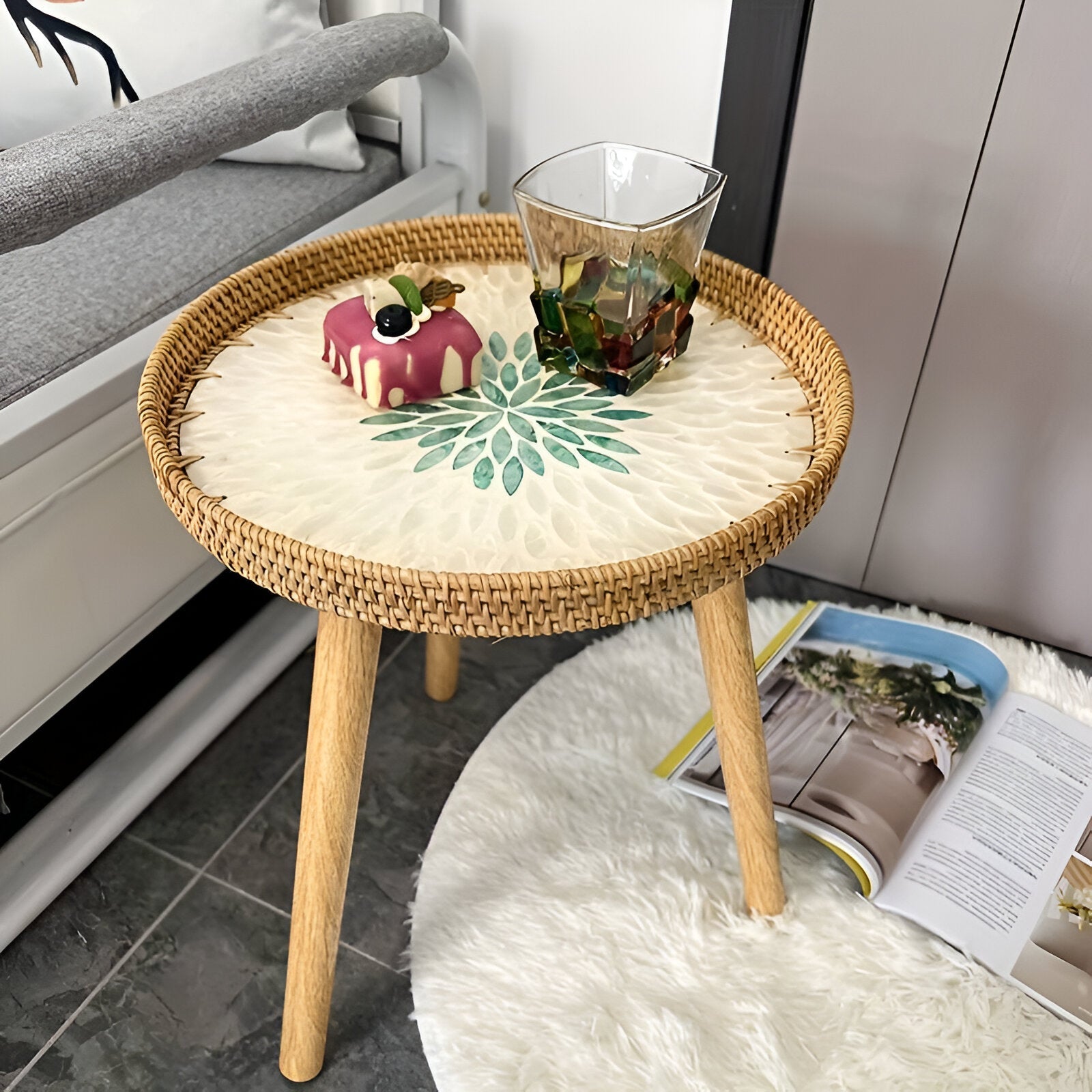 Rattique | Handgemaakte Ronde Rattan Salontafel – Scandinavische Natuurlijke Houten Woonkamertafel