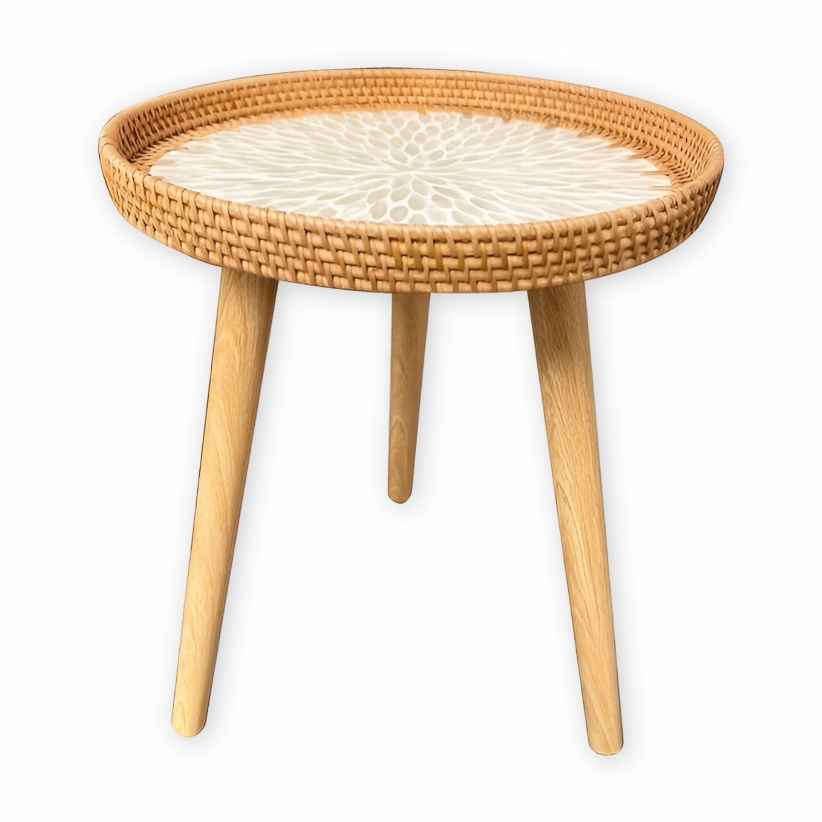 Rattique | Handgemaakte Ronde Rattan Salontafel – Scandinavische Natuurlijke Houten Woonkamertafel