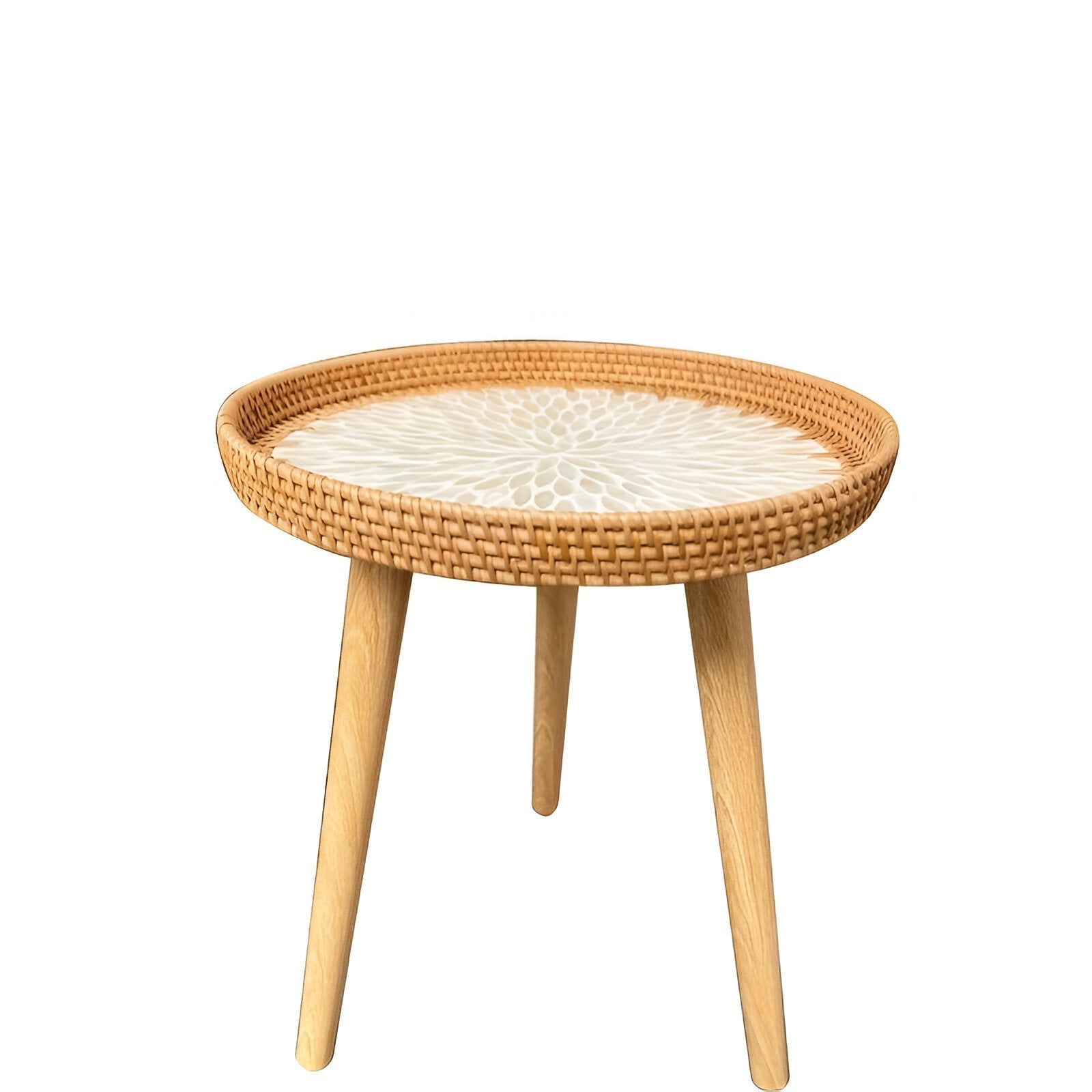 Rattique | Handgemaakte Ronde Rattan Salontafel – Scandinavische Natuurlijke Houten Woonkamertafel