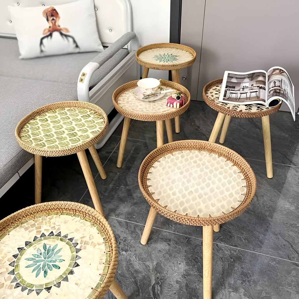 Rattique | Handgemaakte Ronde Rattan Salontafel – Scandinavische Natuurlijke Houten Woonkamertafel