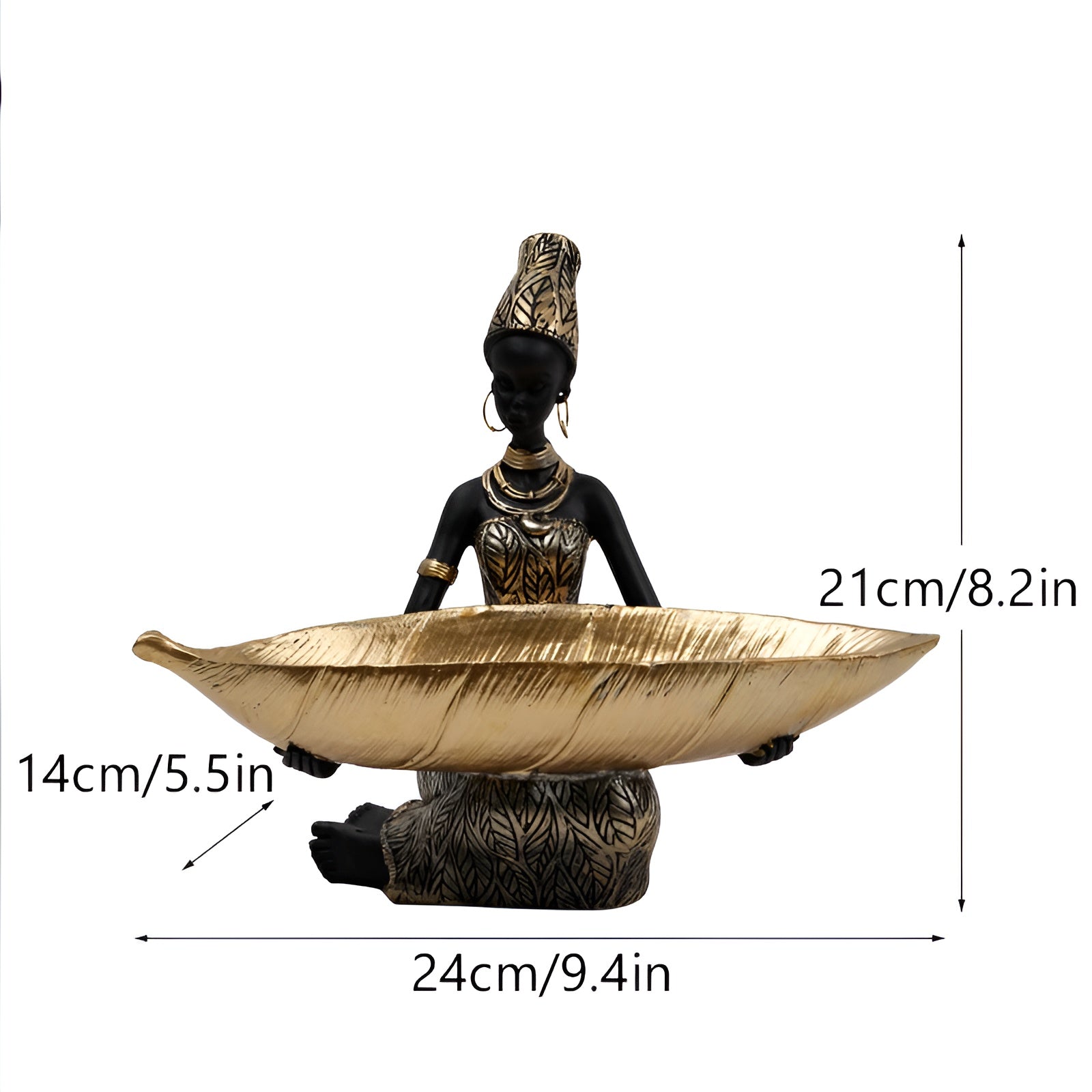 TribaLeaf | Stijlvolle sculptuur van een tribale vrouw met gouden bladerenbakje – sleutelhouder en Woondecoratie-accent