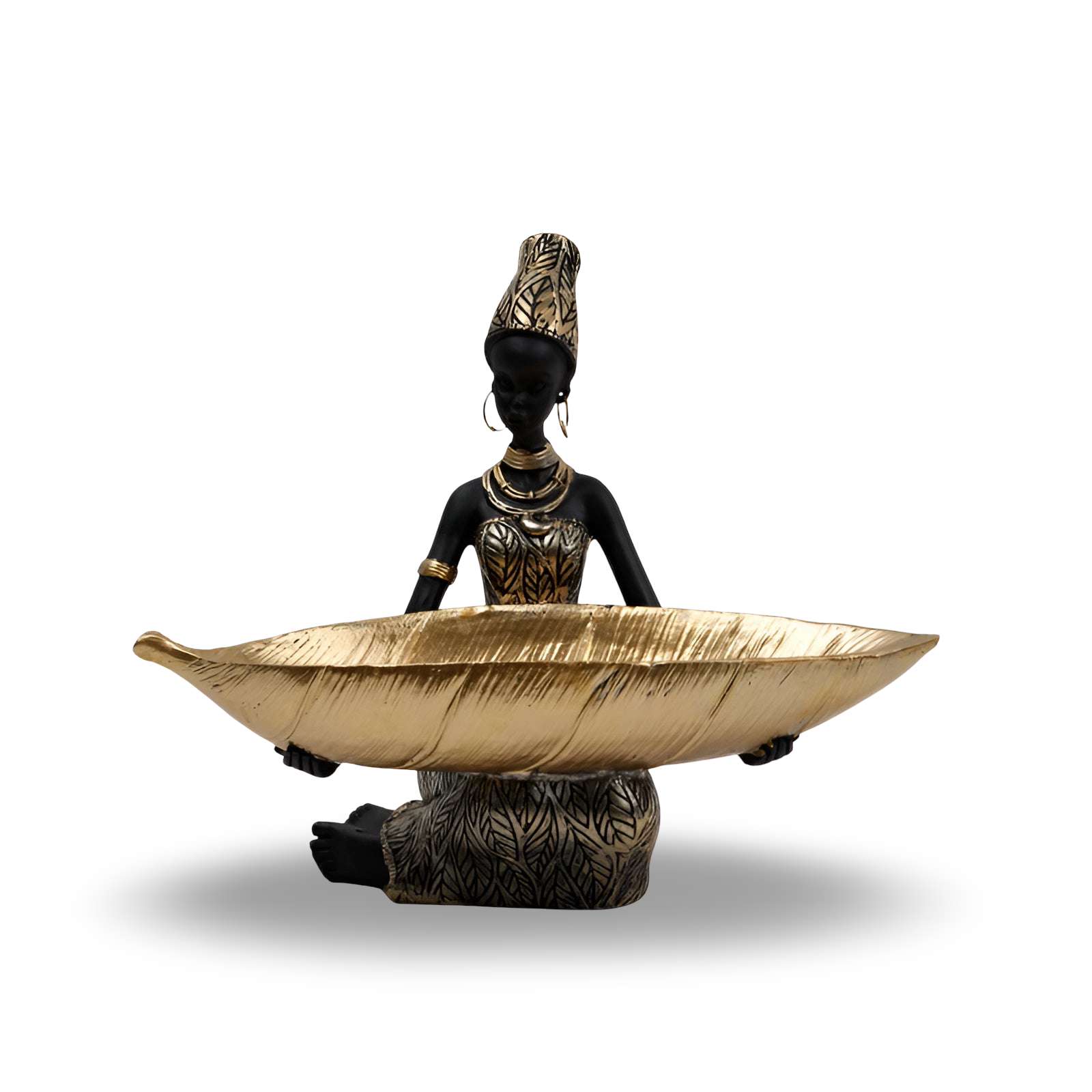 TribaLeaf | Stijlvolle sculptuur van een tribale vrouw met gouden bladerenbakje – sleutelhouder en Woondecoratie-accent