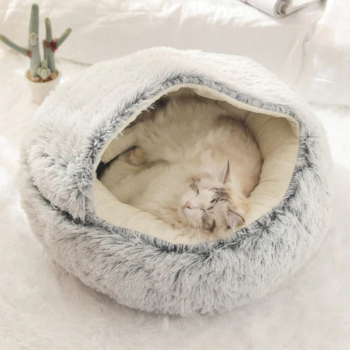 CuddlePup | Pluche huisdierenbed – Gezellige hond- en kattengrot met kap, zacht pluche en stressverlichtend