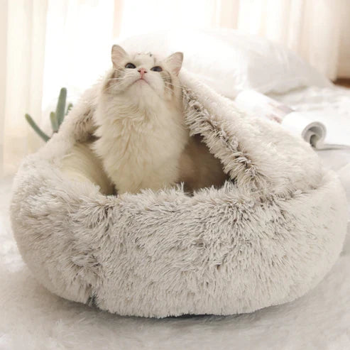 CuddlePup | Pluche huisdierenbed – Gezellige hond- en kattengrot met kap, zacht pluche en stressverlichtend