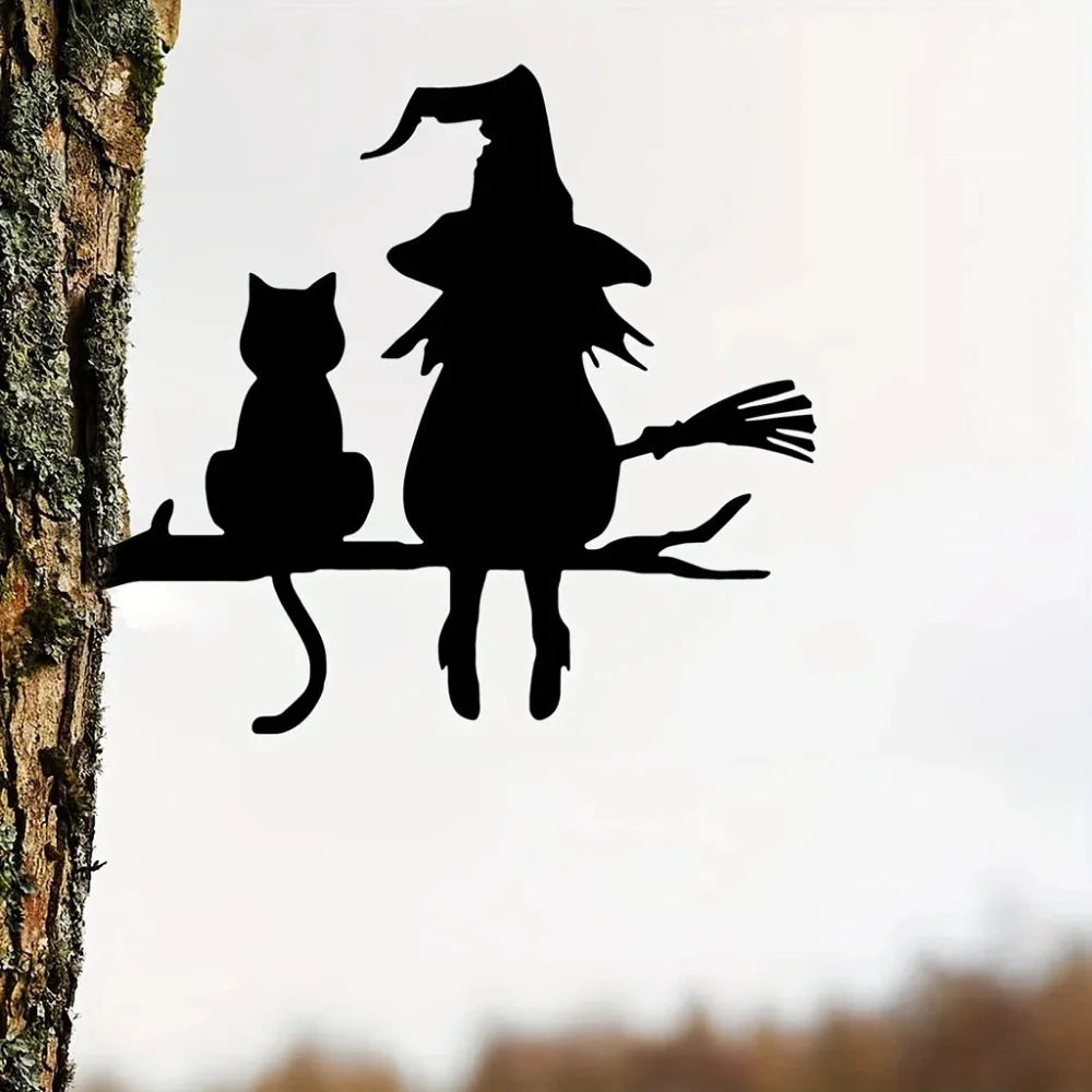WitchCrafted | Metalen heks & kat tuindecoratie – Roestvrij metalen kunstwerk voor buiten Halloween-tuin