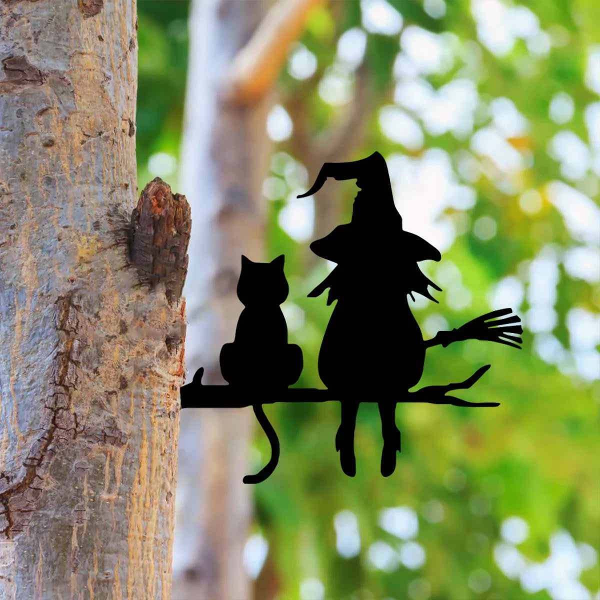 WitchCrafted | Metalen heks & kat tuindecoratie – Roestvrij metalen kunstwerk voor buiten Halloween-tuin