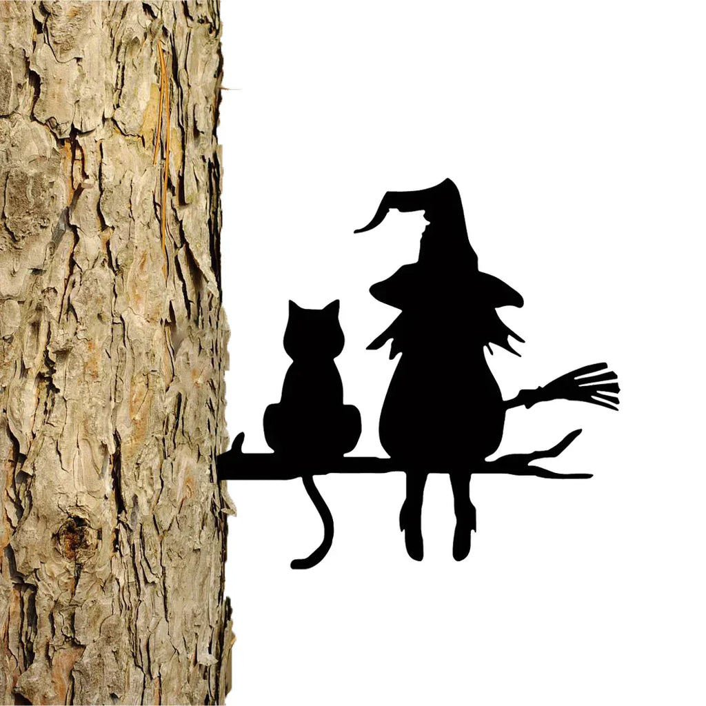 WitchCrafted | Metalen heks & kat tuindecoratie – Roestvrij metalen kunstwerk voor buiten Halloween-tuin