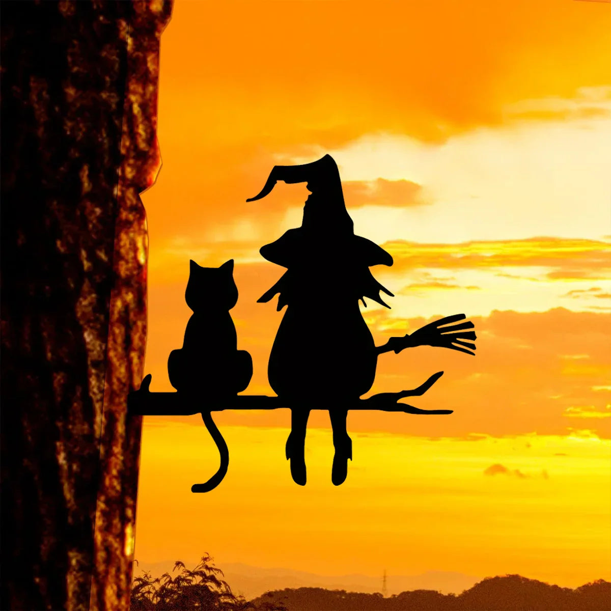 WitchCrafted | Metalen heks & kat tuindecoratie – Roestvrij metalen kunstwerk voor buiten Halloween-tuin