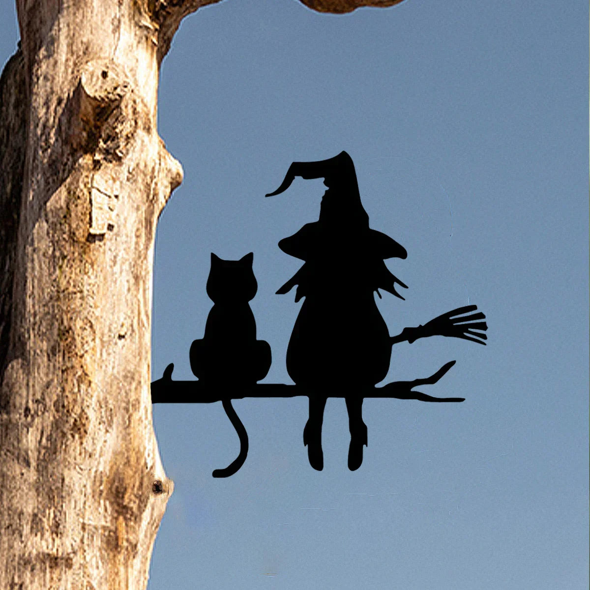 WitchCrafted | Metalen heks & kat tuindecoratie – Roestvrij metalen kunstwerk voor buiten Halloween-tuin