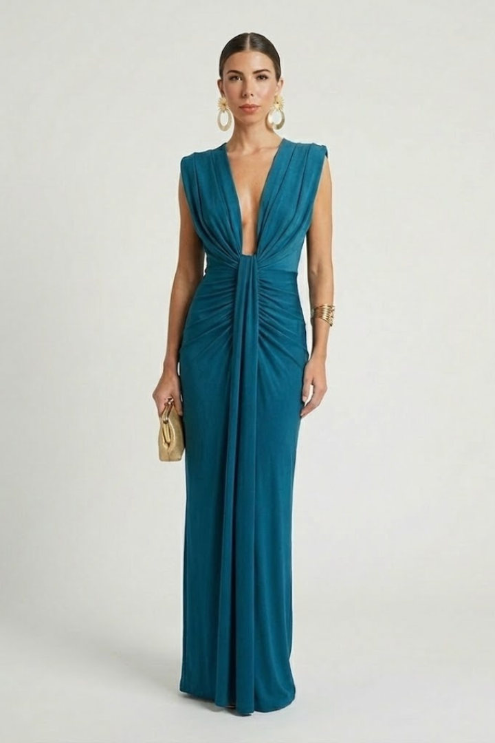 Faeva | Dames Geplooide Maxi Jurk – Mouwloze Diepe V-hals Elegante Vloerlange Avondjurk